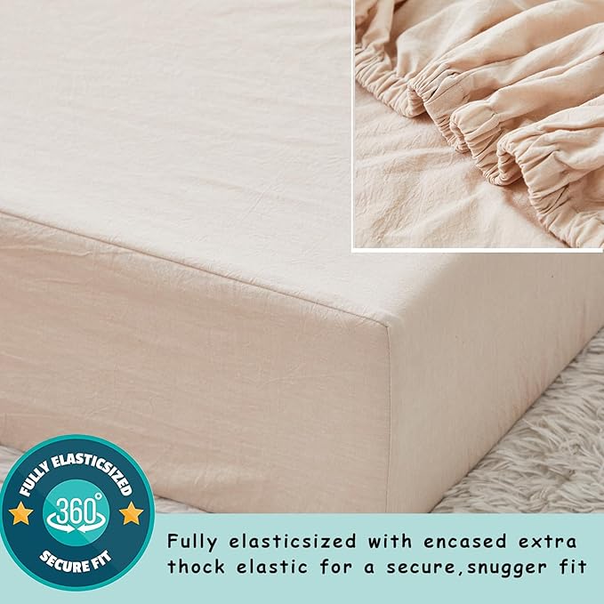 Brandream 3 Pieces Crib Bedding Set for Girls or Boys Quilt,Crib Sheet,Dust Ruffle Skirt, 100% Washed Cotton Like Linen Supersoft Farmhouse Chic Boho Beige Classic Quilted Plaid Design-CubbioJoy