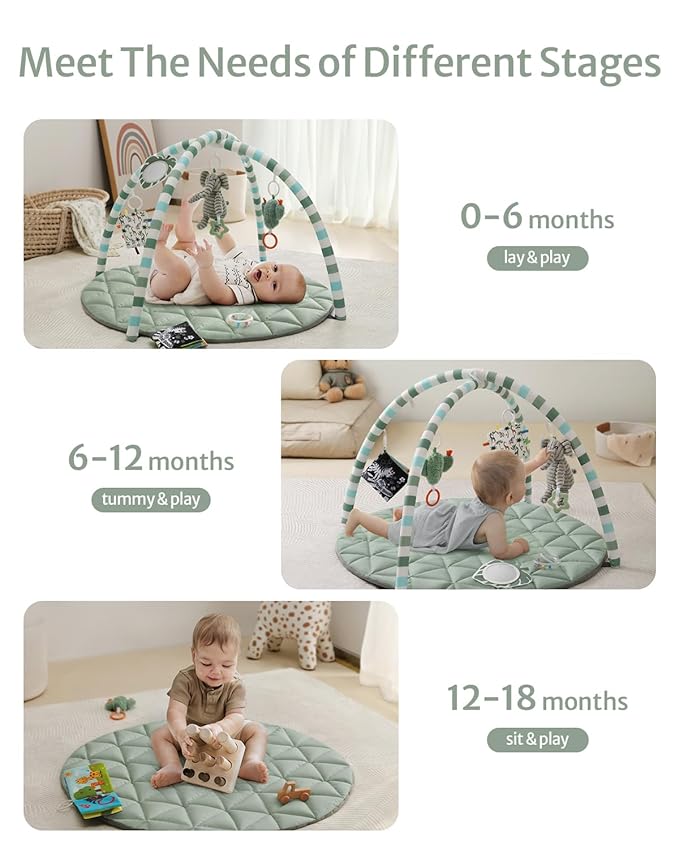 Blissful Diary Waterproof Baby Play Gym Mat, Wipe-Clean Vegan Leather Tummy Time Mat with 6 Detachable Toys, Baby Activity Mat, Sage Green-CubbioJoy