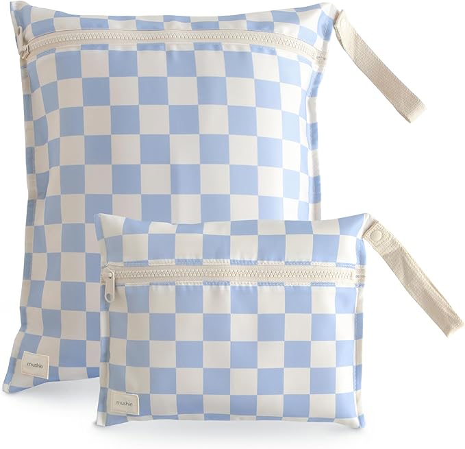mushie Water Resistant Wet Bags | Large & Small Reusable Storage Bag for Baby Items and Travel | Zippered Pockets with Handle | Machine Washable, Set of 2 (Blue Check)-CubbioJoy