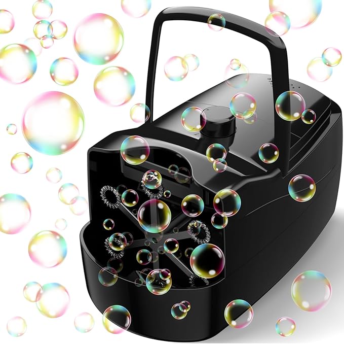Bubble Machine, Automatic 18000+ Per Minute Big Bubbles Blower Maker for Kids Toddlers with 2 Speeds,6 Wands,Operated by Plugin or Batteries for Outdoor/Indoor Birthday Parties,Wedding (Black)-CubbioJoy