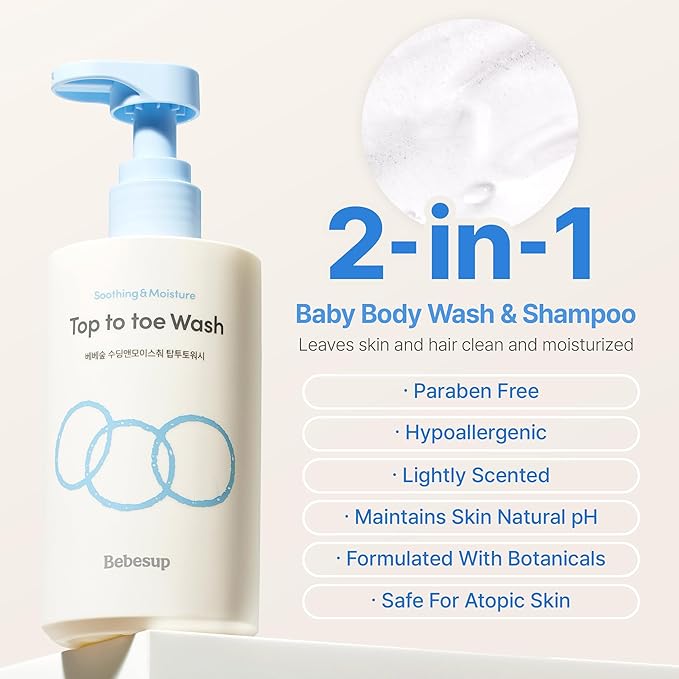BEBESUP- 베베숲 Head to Toe Wash Baby Shampoo | Korean Skincare for Sensitive & Atopic Skin Organic Rice Cera Biome Hypoallergenic Coconut-Derived Cleanser Head to Toe Use 10.14 fl oz-CubbioJoy