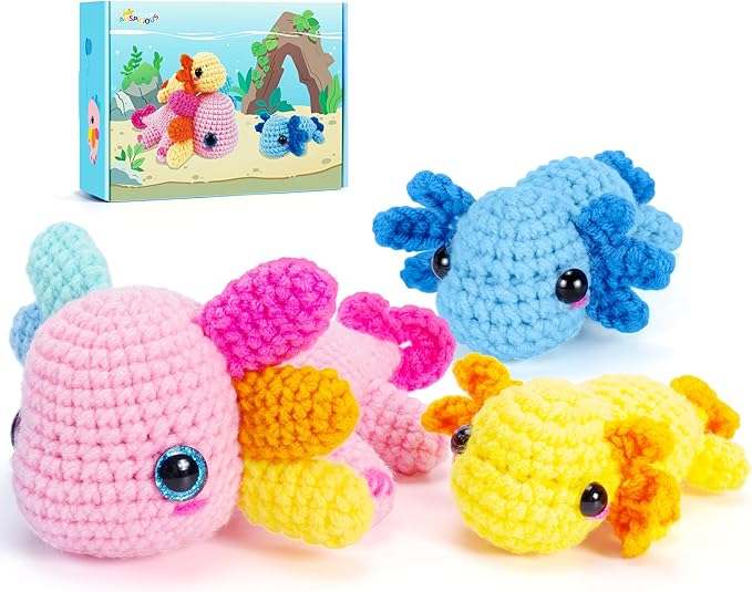 Crochet Kit for Beginners-3PCS Axolotl Crochet Kits for Adults Kids, Crochet Starter Kit with Step-by-Step Video Tutorials, Crochet Animals Kits DIY Craft Knitting Kit Learn to Crochet Kits for Adults-CubbioJoy