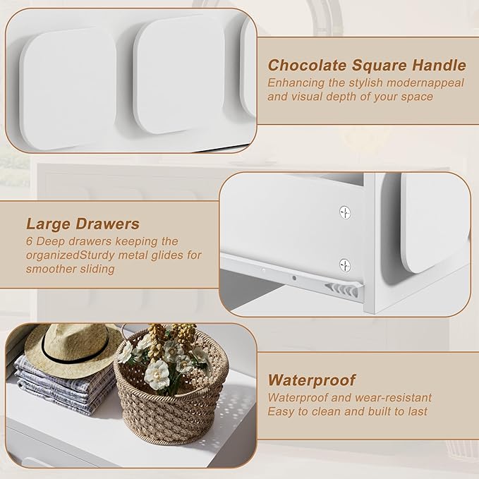 Anbuy White Baby Dresser for Bedroom, Dresser for Baby with 6 Drawers, Storage and Organization Unit with Square Handles, for Nursery, Kids-CubbioJoy