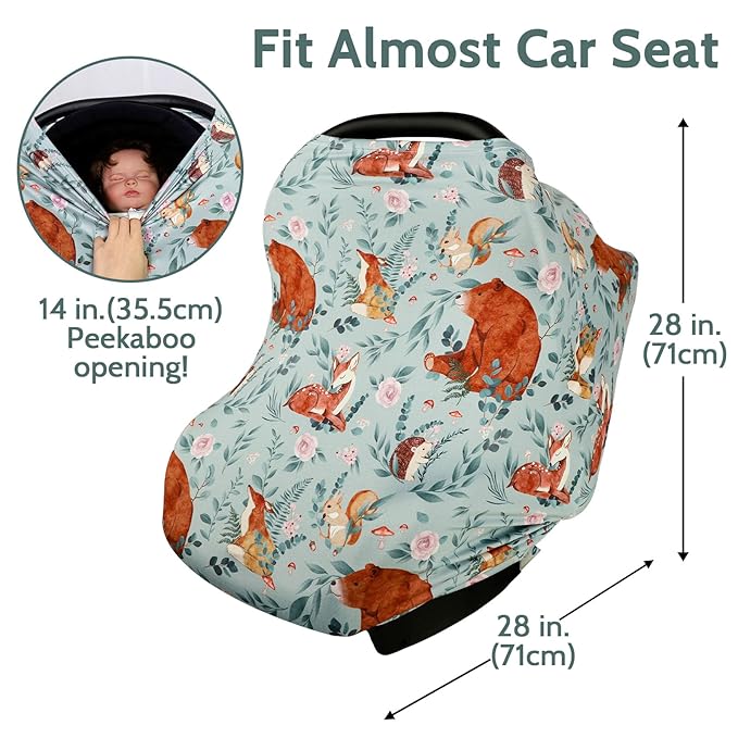 Baby Car Seat Cover, Multi-use Nursing Cover for Breastfeeding, Stretchy Stroller Cover Boys Girls, Stretchy Carseat Canopy, Soft Breathable, Woodland Animal Bear-CubbioJoy