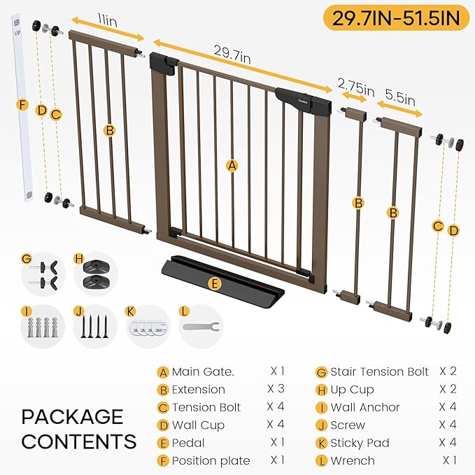 Cumbor 2 Pack 29.7"-51.5" Extra Wide Baby Gate for Stairs, Mom's Choice Awards Winner-Dog Gates for Doorways, Pressure Mounted Walk Through Pet Gate Indoor, Safety Auto-Close Child Gate for Kid,Brown-CubbioJoy