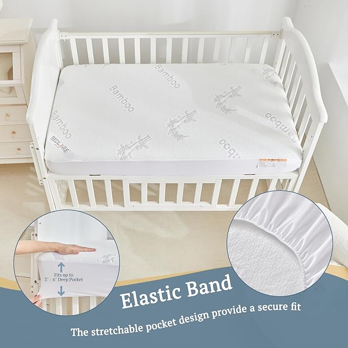 BEDLORE Waterproof Crib Mattress Protector 2 Pack, Ultra Soft Bamboo Viscose Crib Mattress Pad Cover, Noiseless Toddler Mattress Protector for Standard Baby Bed Size 52''x28'', White-CubbioJoy