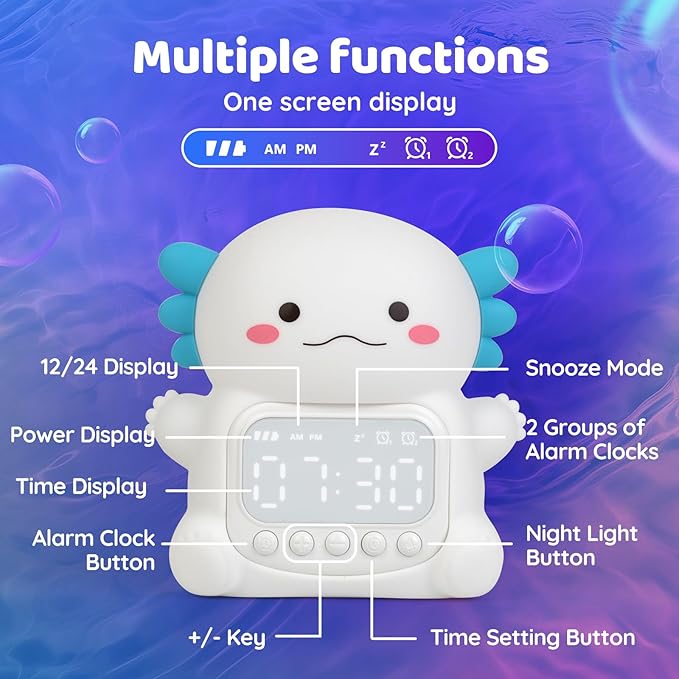 Axolotl Alarm Clock with Night Light for Kids, Rechargeable Silicone Lamp Time to Wake Clock Cute Animal Tabletop Lamp, Perfect Sleep Companion for Boys Girls, White-CubbioJoy