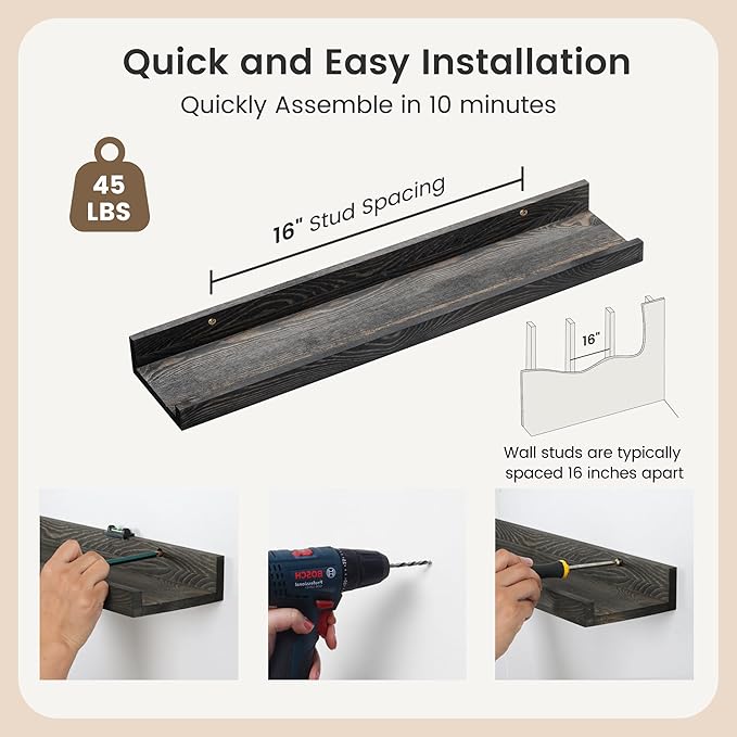 24 Inches Floating Shelves for Wall, Solid Pine Wood Picture Ledge Shelves, Wall Shelves with Lips, Nursery Book Shelves for Toys Storage Living Room Bedroom Photo Frames (2 Pcs, Grey)-CubbioJoy