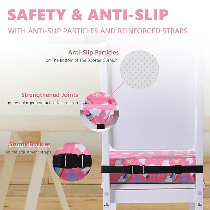 Booster Seat for Kitchen Chair with Adjustable Straps, Toddler Booster Seats for Dining Table Portable for Travel Camping Eating, Booster Cushion for Table for Baby Child Infant Kid Boy Girl-CubbioJoy