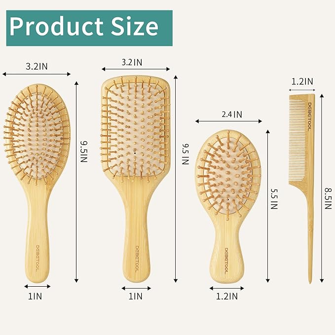 Bamboo Hair Brush and Comb Set for Women Men and Kids,Natural Bamboo wood Wide-tooth brush and tail comb - Paddle Detangling Brush for Wet Dry Curly Hair-CubbioJoy