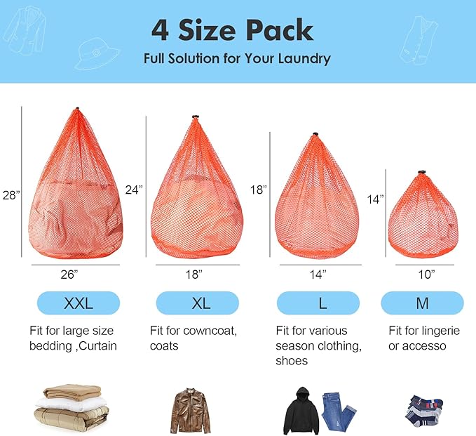 4Pcs Mesh Laundry Bags Washing Machine Mesh Wash Bags for Clothes,Underwear,Lingerie, Bed Linen with Drawstring Closure Sturdy(4 Size, Orange)-CubbioJoy