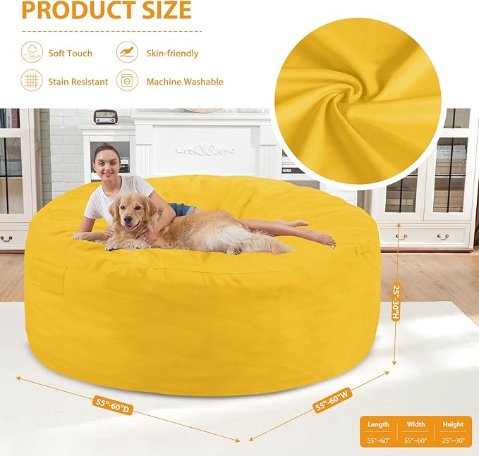 6FT Bean Bag Chair, Large Bean Bag Chairs with Memory Foam Filled, Fluffy Beanbag Sofa with Dutch Velvet Cover, Round BeanBag Chairs for Living Room, Playroom - Lemon-CubbioJoy