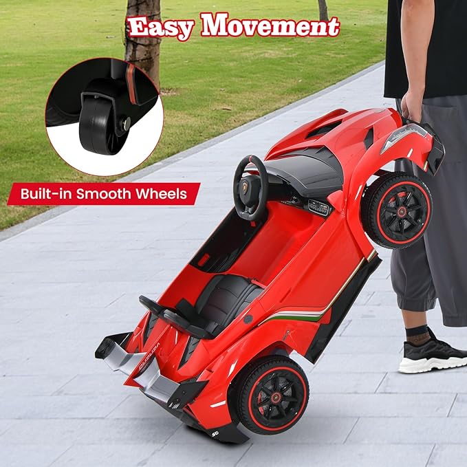 Costzon Ride on Car, Lamborghini Licensed 12V Battery Powered 4WD Sports Car with Remote Control, 3 Speeds, Hydraulic Doors, LED Lights, Towing Wheel, Horn, Music, Electric Vehicle for Kids Aged 3-8-CubbioJoy