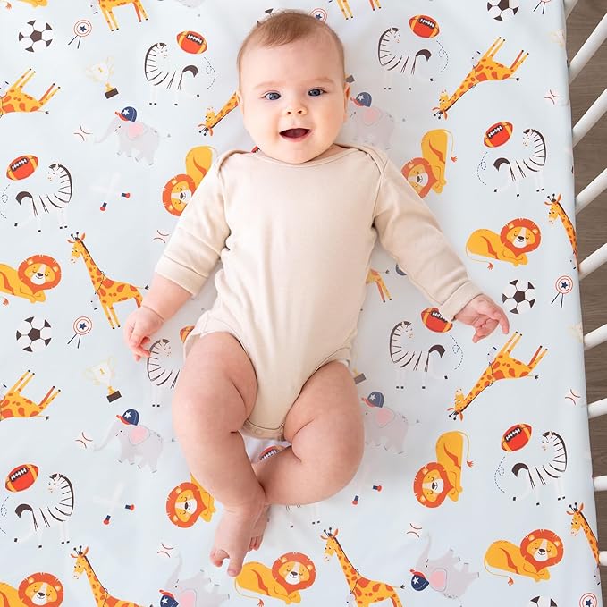 4 Piece Crib Bedding Set for Boys Girls, Infant Toddler Nursery Baby Bedding Sets Includes Cartoon Quilt, Fitted Crib Sheet, Crib Skirt and Plush Football Toy (MVP)-CubbioJoy