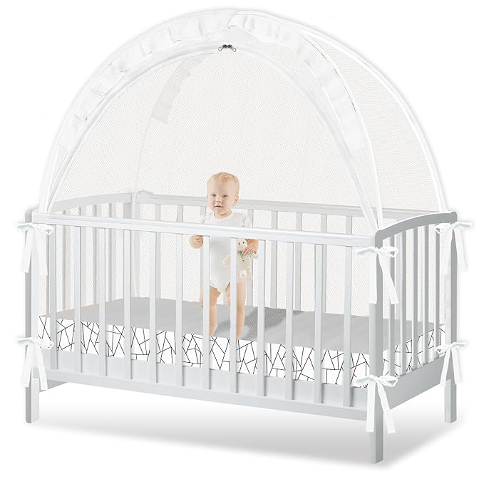 Crib Tent to Keep Baby from Climbing Out - Crib Net to Keep Baby in - Pop Up Breathable Cribs Cover - Canopy with Upgrade Strong Mesh and Durable Zipper (White - Lines, Lager)-CubbioJoy