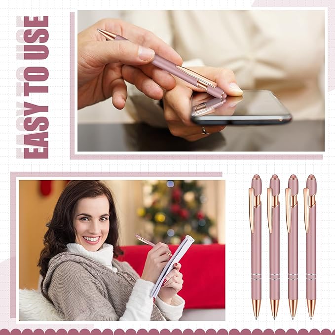 8 Pieces Ballpoint Pen with Stylus Tip Black Ink 2 in 1 Stylus Metal 1.0 mm Medium Point Smooth Pen Rainbow Colorful Rubberized Ballpoint for Touch Screen Tablet(Rose Gold)-CubbioJoy