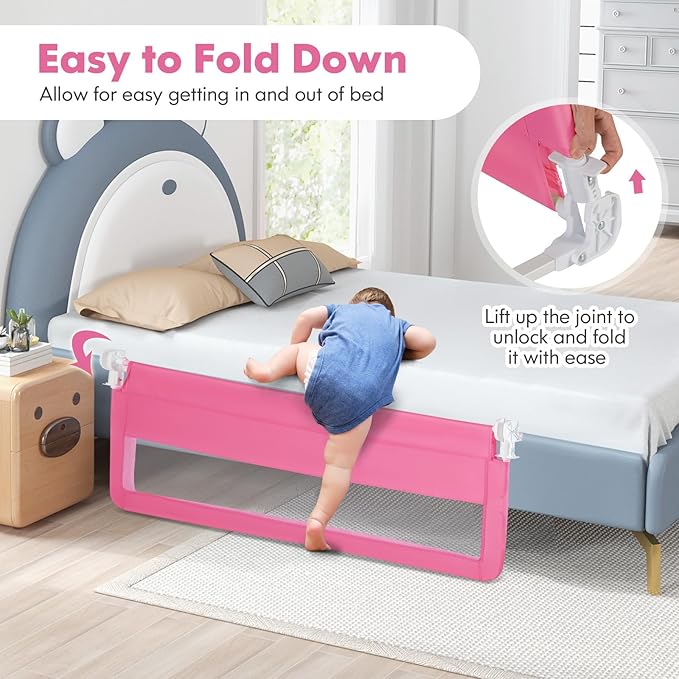 BABY JOY Bed Rails for Toddlers, 59'' Extra Long, Swing Down Bed Guard w/Safety Straps, Folding Baby Bedrail for Kids Twin, Double, Full Size Queen & King Mattress (Pink, 59-Inch)-CubbioJoy