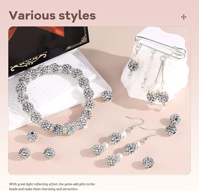 160pcs 10mm Rhinestone Beads for Jewelry Making, Black White Shiny Round Disco Ball Beads Bulk, Sparkle Crystal Clay Christmas for Bracelet Baseball Necklace Earring Crafting and DIY-CubbioJoy