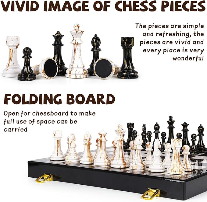 15" Large Chess Set for Adults with Weighted Acrylic Chess Pieces 3.5" King & Portable Folding Marbling Wooden Chess Board Travel Chess Sets Family Board Game Gift – Elegant Classic Chess Game-CubbioJoy