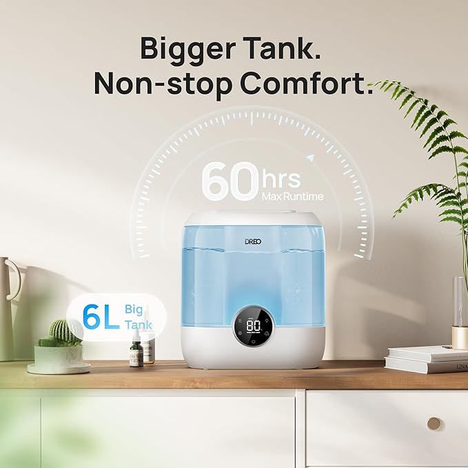 Dreo Smart Humidifiers for Bedroom, 6L Top Fill Supersized Cool Mist Humidifier for Large Room, 60 Hour Runtime, Quiet Ultrasonic Humidifiers for Plants, Baby, Indoor, Home, Night Light, Blue-CubbioJoy