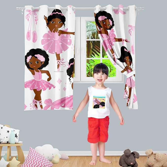 Black Girl Blackout Curtains 2 Panels 63" Inch Drapes for Kids Nursery Bedroom Kids Blackout Curtains Cute Girls Themed Grommet Top Thermal Insulated Curtains for Nursery, 82" x 63"-CubbioJoy