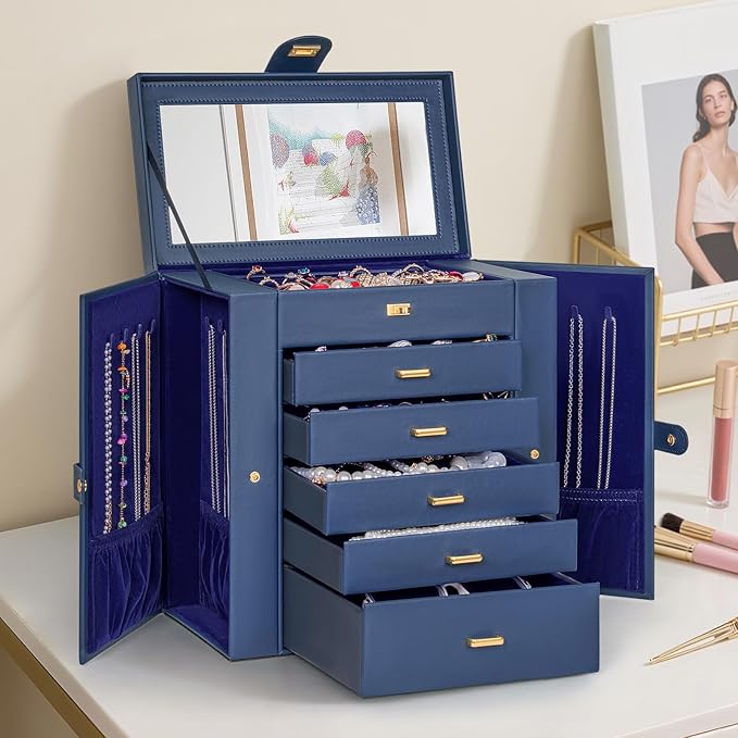 AKOZLIN Extra Large 6-Tier Jewelry Box Organizer Functional Huge, 5 Drawers Leather Jewelry Storage Case for Women Girls Ring Necklace Earring Bracelet Holder Organizer with Mirror Blue-CubbioJoy