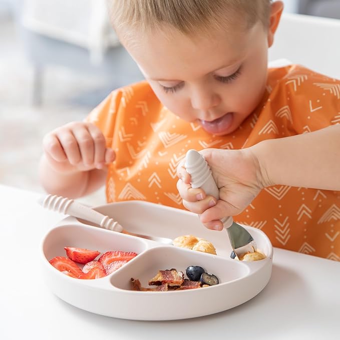 Bumkins Toddler Utensils, Kids Size Fork and Spoon Set, Silicone and Stainless-Steel Training Silverware, Angled Forks/Sporks for Self-Feeding, Children Hold Learning to Eat, 18 Mos Up, Sand Beige-CubbioJoy