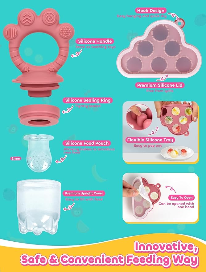 Breastmilk Popsicle Molds & Baby Fruit Food Feeder Pacifier, Silicone Baby Food Storage Containers, Baby Popsicle Molds Teething for Toddler Teething & Infant Self Feeding (Pink)-CubbioJoy