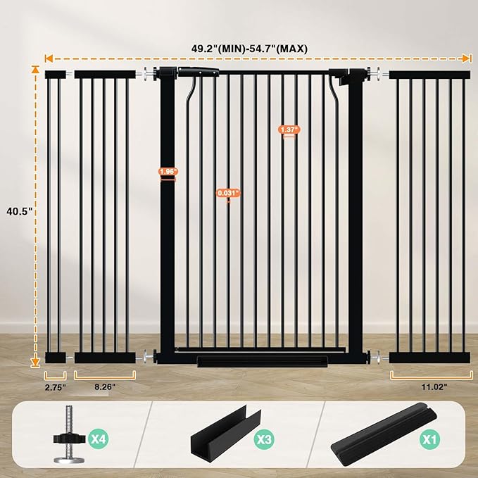 40.5" Extra Tall Baby Gate for Doorways, 49.2"-54.7" Extra Wide Pet Gate Pressure Mounted, 1.37" Narrow Space Puppy Dog Barrier Indoor, No Drill Safety Child Gate, No Climb Fence Black-CubbioJoy