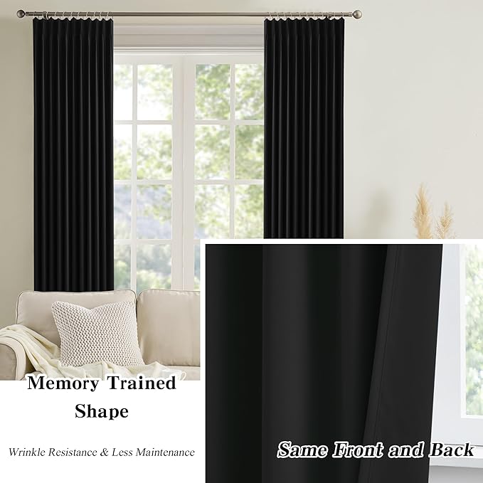 KEQIAOSUOCAI 80 Inch Wide Black Pinch Pleated Tall Curtains 80 x 144, Thermal Insulated Noise Cancelling Living Room Office Drapes 144 Inches Long, Patio Sliding Glass Door Window Curtain 2 Panels-CubbioJoy