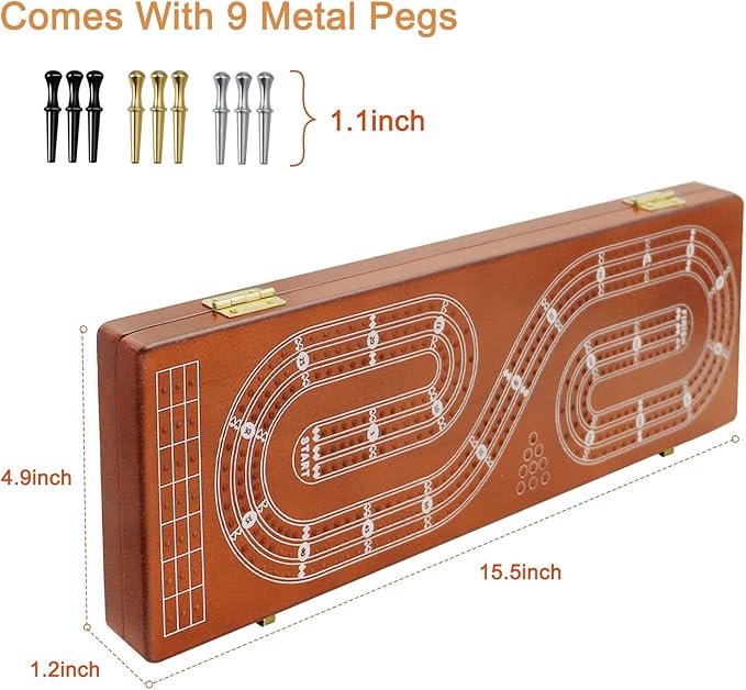 Cribbage Board Game Set 3 Tracks, Plusvivo Solid Oak Wood Cribbage Boards Unique with 9 Metal Pegs & 2 Storage Area, 15.5 X 4.9 X 1.2 in Travel Portable Cribbage Game Sets for Family-CubbioJoy