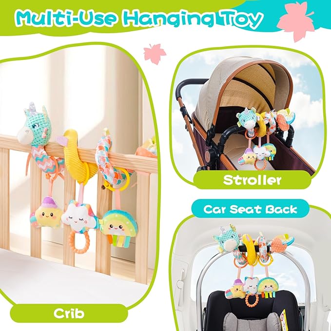 Car Seat Toys for Babies 0-6 Months, Hanging Spiral Stroller Toys, Infant Newborn Brain Development With Music Crinkle Teether Rattle for Baby Boy Girl 0-3-12 Months-CubbioJoy