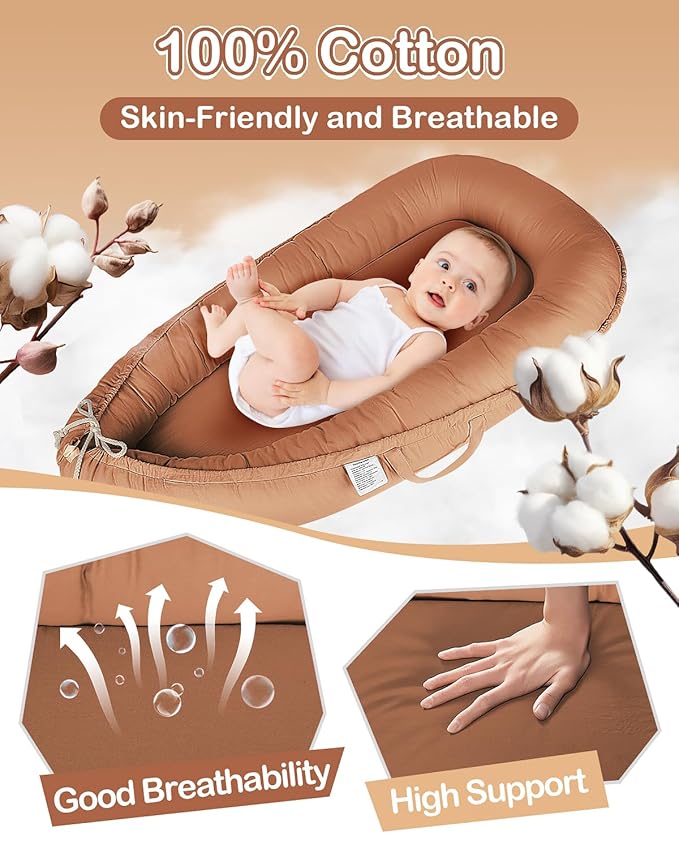 Baby Lounger - Infant Lounger for Newborn 0-24 Months, Pure Cotton Breathable Baby Nest Lounger Cover, Newborn Essentials for Baby Boys & Girls, Co Sleeper Portable Baby Bed for Home and Travel-CubbioJoy