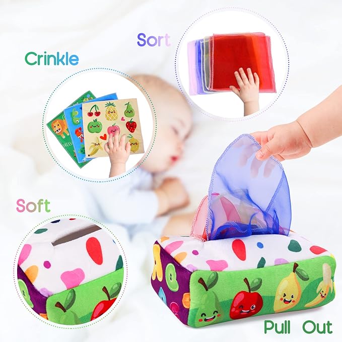Baby Toys 6 to 12 Months - Tissue Box Toy Montessori for Babies 6-12 Months, Soft Stuffed High Contrast Crinkle Infant Sensory Toys, Boys&Girls Kids Early Learning Gifts-CubbioJoy