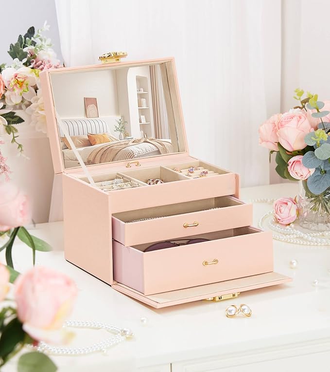 Jewelry Box with Lock for Girls: Jewelry Organizer for Dresser - 3-Drawer Earrings Storage Girls Women Gift (Peach Pink)-CubbioJoy