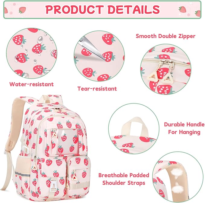 Backpack for Girls 3pcs Set Kids Backpack with Lunch Box Students Kawaii Book Bag for Elementary Primary Middle School Bags - Ita Backpack - Strawberry-CubbioJoy
