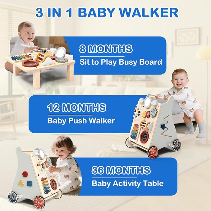 Baby Push Walker with Detachable Busy Board, Wooden Baby Walker with Adjustable Speed Wheels, Montessori Push Walker for Babies, Push Walking Toys for Boys & Girls 1 Year Old, Gifts for Toddler-CubbioJoy