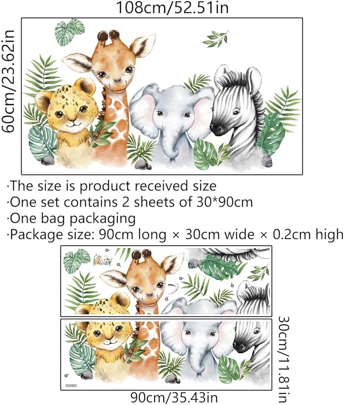 52.51x23.62 Inch Watercolor Jungle Animal Wall Decals Safari Forest Animal Wall Sticker Elephant Lion Monkey Decals for Baby Nursery Playroom Bedroom Classroom Kindergarten Decor-CubbioJoy