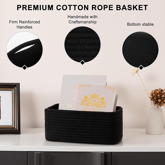 4 Pack Small Storage Shelf Baskets for Organizing, Mini Woven Rope Storage Bins for Towels, Cute Decorative Closet Organizer，Baby Nursery, Gift Empty Baskets -13''Lx8.66''Wx5.11''H-Black-CubbioJoy