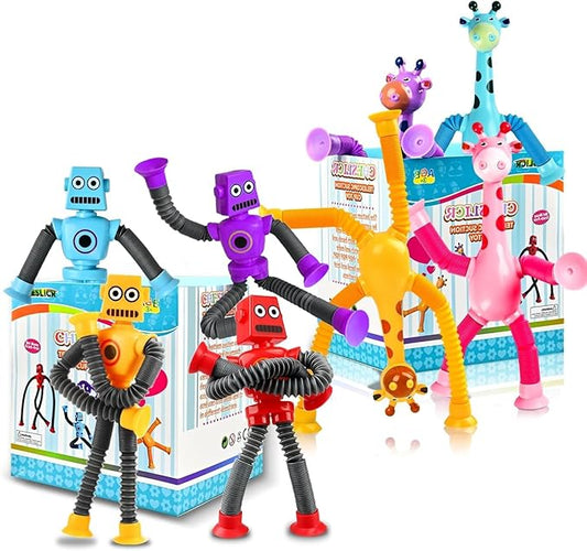 8pc Robot Giraffe Sensory Travel Toys for Toddlers Boy Ages 3 4 5 6 7 8, Airplane Activities Suction Autism Pop Tube Fidget Autistic Stocking Easter Basket Stuffer Valentine Gift for Kids-CubbioJoy