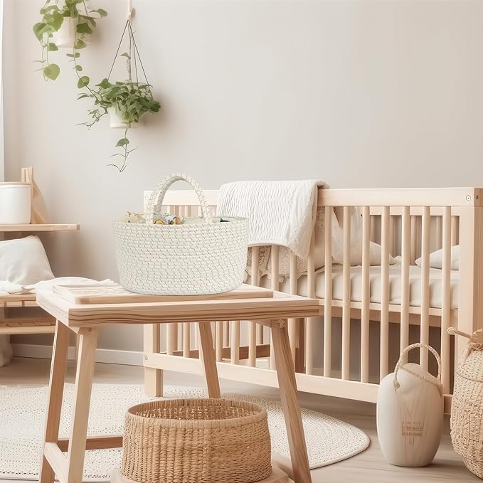 Diaper Caddy Organizer Cotton Rope Baby Basket Nursery Storage and Portable Tote Bag for Car Ideal Baby Shower Gifts and Registry Must-Have for Newborn Essentials Large striped-CubbioJoy