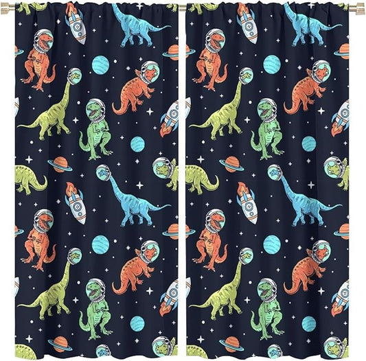 Cartoon Dinosaur Curtains for Kids Boys Girls Home Decor, Astronaut Rocket Funny Outer Space Blackout Rod Pocket Window Drapes for Bedroom Living Room W21xL54in 2 Panels-CubbioJoy