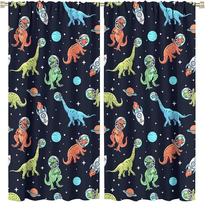 Cartoon Dinosaur Curtains for Kids Boys Girls Home Decor, Astronaut Rocket Funny Outer Space Blackout Rod Pocket Window Drapes for Bedroom Living Room W42xL84in 2 Panels-CubbioJoy