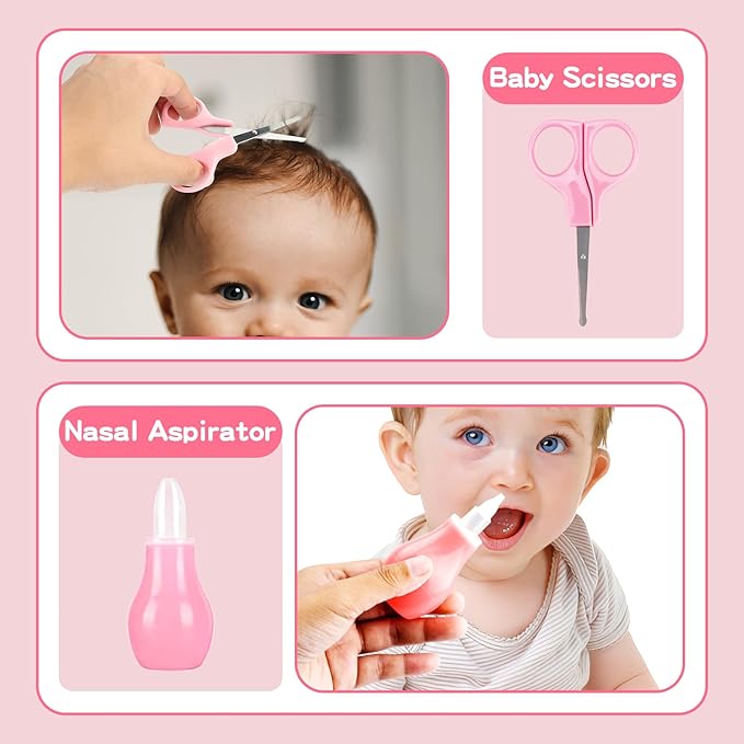 Baby Grooming Kit, Infant Safety Care Set with Hair Brush Comb Nail Clipper Nasal Aspirator,Baby Essentials Kit for Newborn Girls Boys(13 Pc Pink Kit)-CubbioJoy