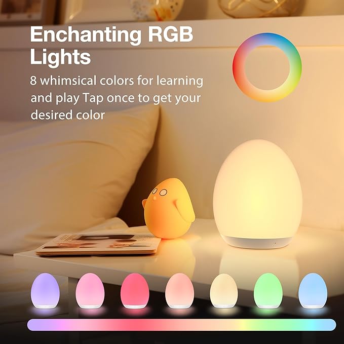 JolyWell Night Light for Kids, Baby Egg Light with 7 Colors Changing Mode & Stepless Dimming, Nursery Night Lamp BPA Free,Rechargeable Egg Night Light for Breastfeeding 1h Timer & Touch Control-CubbioJoy