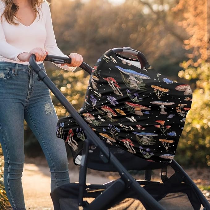 Binienty Mushrooms Car Seat Cover Canopies,Cottagecore Mushroom Nursing Cover for Mom Stretchy Infants Stroller Cover/High Chair/Breastfeeding Cover-CubbioJoy