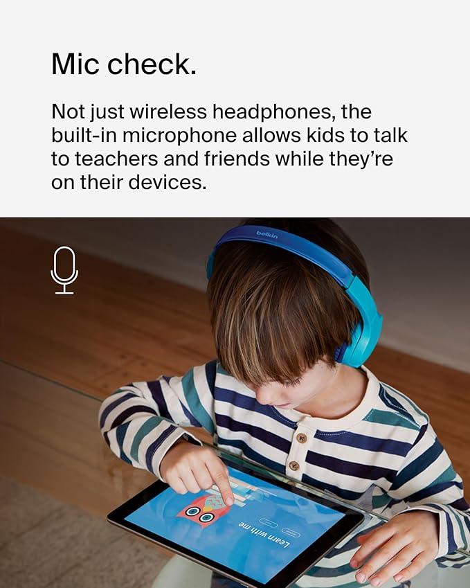 Belkin SoundForm Mini - Wireless Bluetooth Kids Headphones, 30H Battery, 85dB Safe Volume Limit, Built-in Microphone - Toddler On-Ear Earphones for iPhone, iPad - Ideal for School - Blue w/Case-CubbioJoy