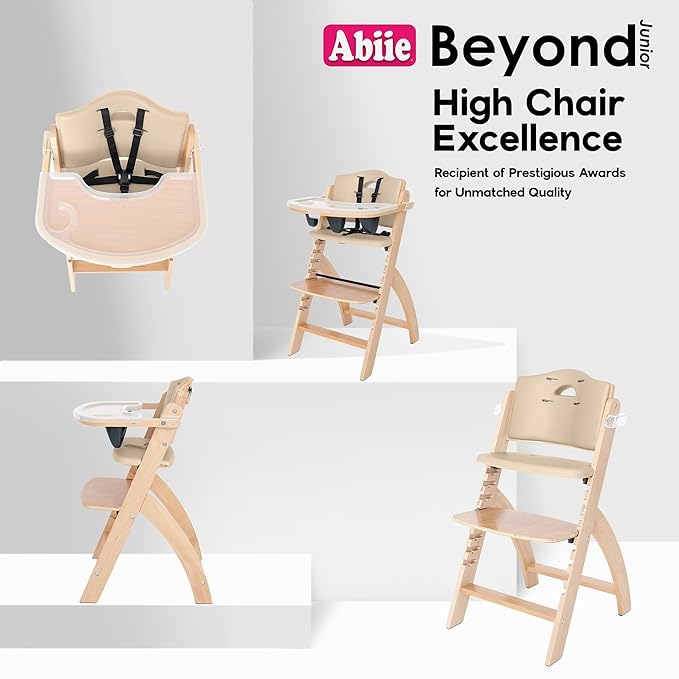 Abiie Beyond Junior Wooden High Chair with Tray - Adjustable and Convertible High Chair for Babies and Toddlers - 6 Months to 250 Lb - Water Resistant - Natural Wood with Beige Cushion-CubbioJoy