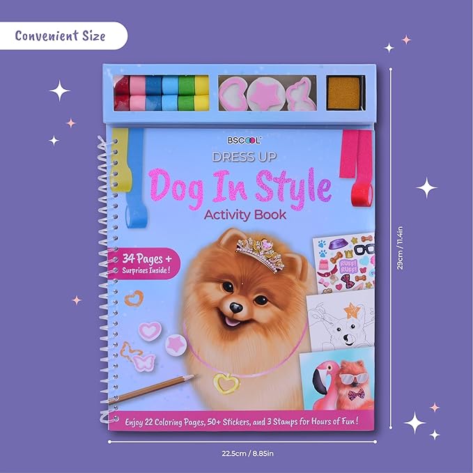 BSCOOL Dog in Style – Design Your Pet Fashion with 25 Coloring Pages, 3 Stamps, 50+ Stickers, Washi Tapes and Guides. Discover Unique Outfits for Dogs. Educational. Travel Friendly for Ages 5 and up.-CubbioJoy