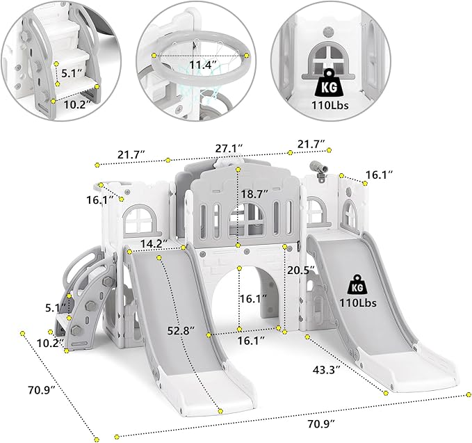 JOYLDIAS 9 in 1 Toddler Slide, Toddler Playground with Double Slides, Climber,Basketball Hoop,Tunnel, Telescope, Storage Space and Non-Slip Step, Indoor Outdoor Backyard Playset for Toddlers Age 1-3+-CubbioJoy